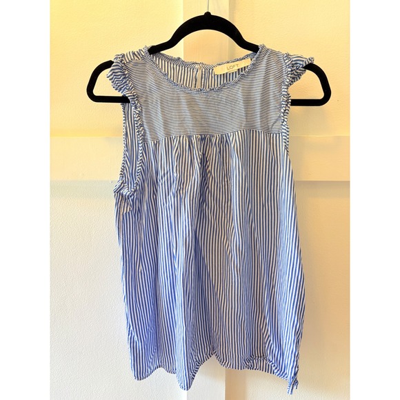 LOFT Tops - LOFT Blue White Striped Ruffle Sleeve Blouse Top Medium Keyhole Back Sleeveless